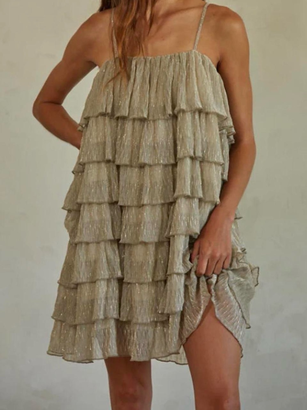 By Together Metallic Tiered Ruffle Mini Dress in Champagne